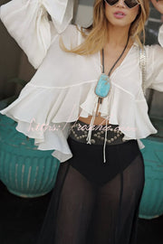 Chiffon Balloon Sleeve Tie-Up V-Neck Blouse | Boho Loose Fit