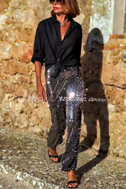Sequin Flare Pants High Rise Elastic Waist Party