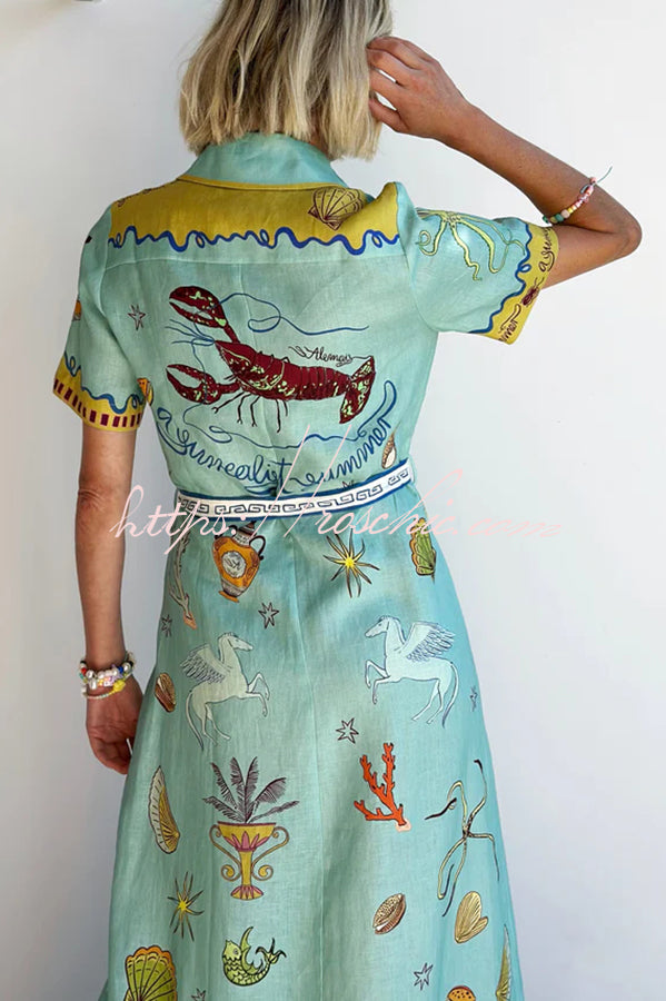 Linen Blend Maxi Dress | Unique Print Tie-Up Shirt Dress