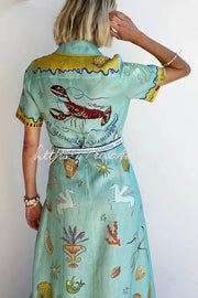 Linen Blend Maxi Dress | Unique Print Tie-Up Shirt Dress