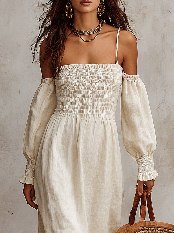 Robe longue smockée en lin à épaules dénudées | Style bohème