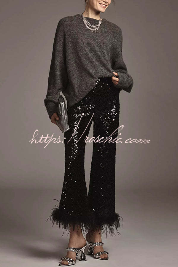 Sequin Feather Trim High Rise Flare Pants – Party & NYE