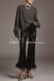 Sequin Feather Trim High Rise Flare Pants – Party & NYE