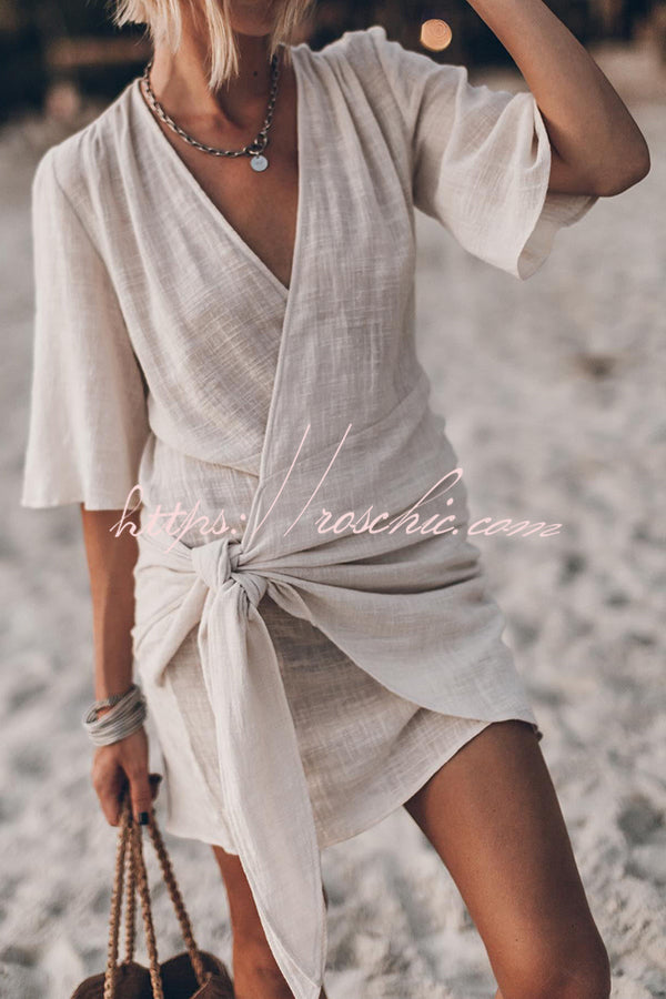 Cotton Linen Blend Knotted Wrap Mini Dress