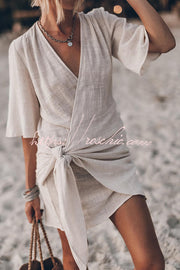 Cotton Linen Blend Knotted Wrap Mini Dress