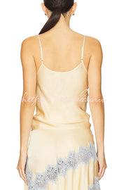 Satin V-Neck Slip Tank Top with Contrast Lace Trim