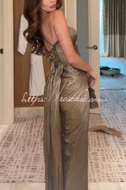 Metallic Pleated Maxi Dress with Sweetheart Bodice & Lace-Up Back
