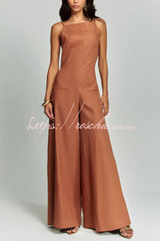 Linen Blend Wide Leg Jumpsuit with Square Neck & Pockets