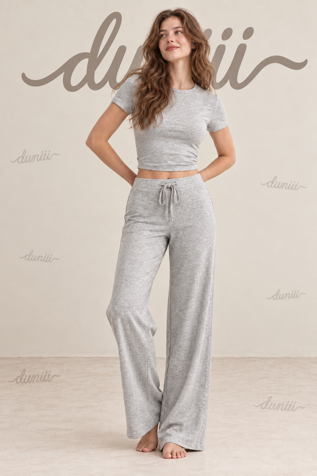 Duniii Short Sleeve Top & Drawstring Wide-Leg Pants Lounge Set
