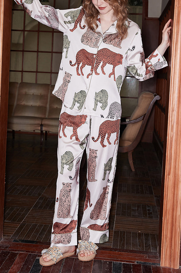 Leopard Print Lounge Set Women Long Sleeve Two-Piece