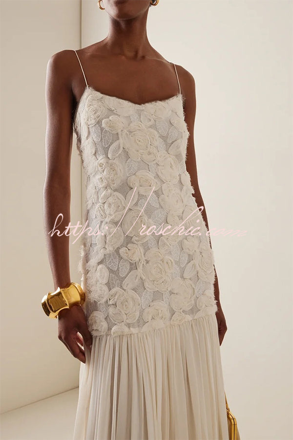 Floral Applique Pleated Chiffon Maxi Slip Dress