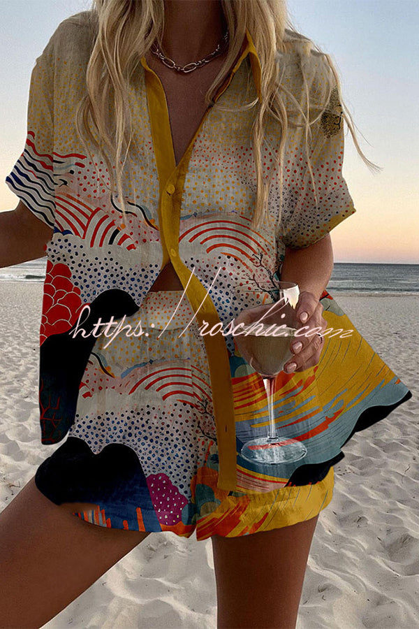 Cloud Print Loose Shorts Set with Elastic Waist