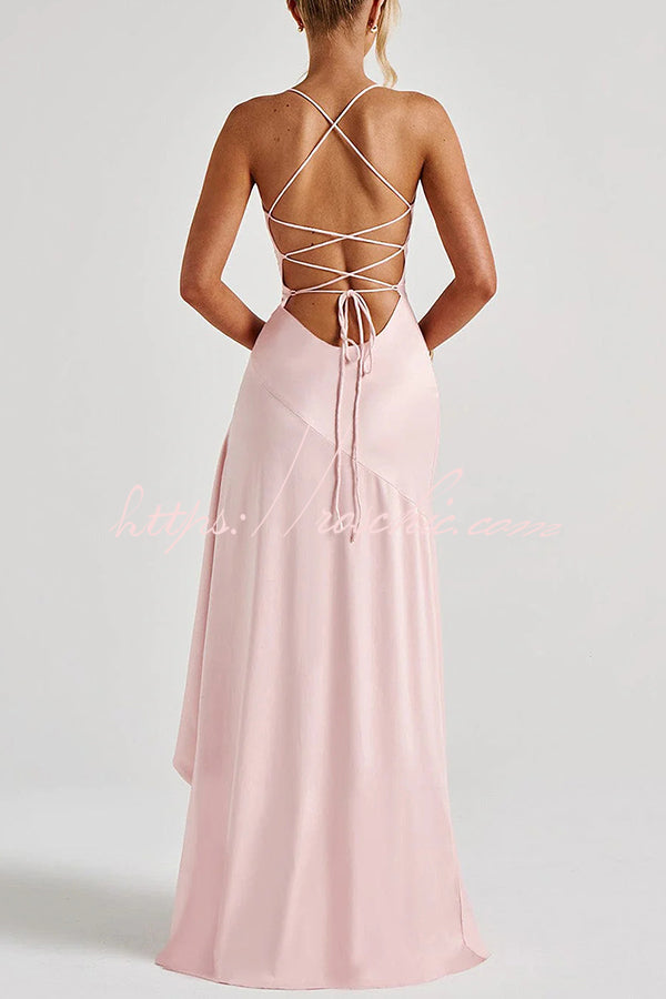 Backless Lace-Up Ruffle Maxi Dress – Spaghetti Strap
