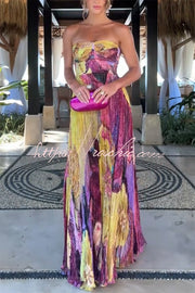 Floral Print Sweetheart Neck Sleeveless Pleated Maxi Dress
