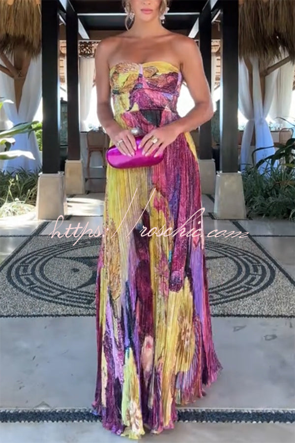Floral Print Sweetheart Neck Sleeveless Pleated Maxi Dress