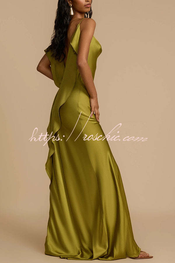 Satin Cowl Neck Backless Bias Cut Maxi Dress – Pistachio