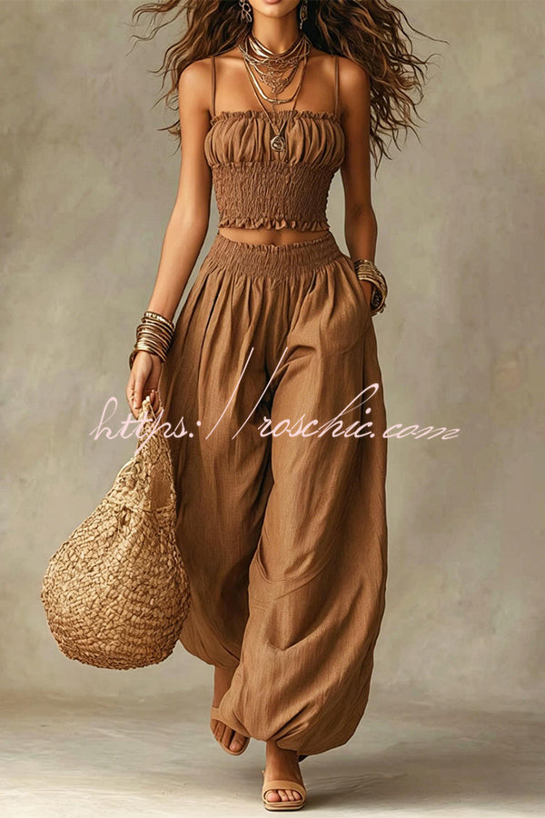 Olive Pleated Crop Top & Wide-Leg Pants Set