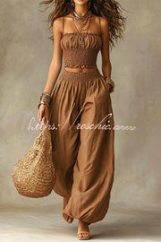 Olive Pleated Crop Top & Wide-Leg Pants Set