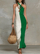Green & White Halter Maxi Dress – Boho Slim Silhouette