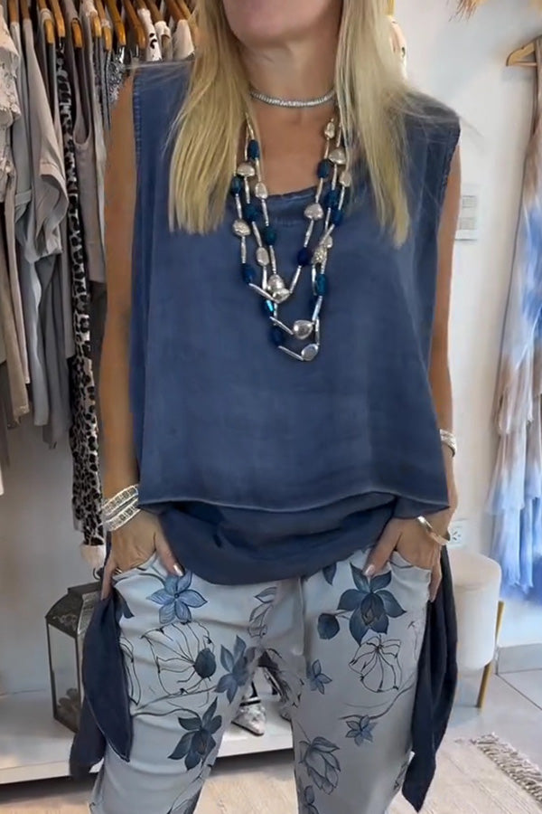 Sleeveless Loose Casual Top – Fake Two-Piece Irregular Hem