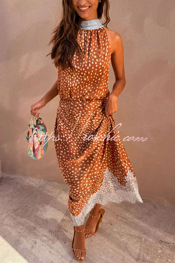 Fawn Print Satin Maxi Skirt with Lace Trim, Mid Rise