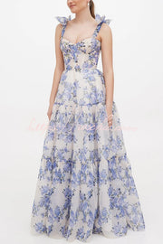 Organza Floral Print Sweetheart Maxi Dress – Sleeveless