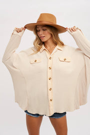 Women's Waffle Knit Shacket Batwing Sleeve Loose Fall Jacket Back to School