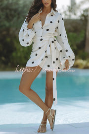 Linen Blend Polka Dot Balloon Sleeve Blouse & Mini Skirt Set