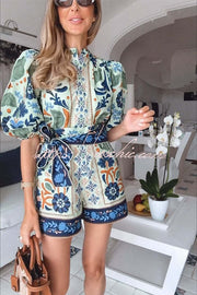 Linen Blend Puff Sleeve Romper with Pockets & Unique Print