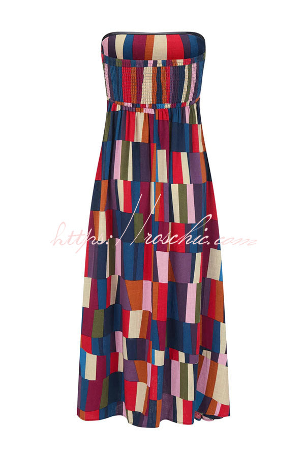 Linen Blend Color Block Strapless Midi Dress
