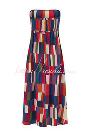 Linen Blend Color Block Strapless Midi Dress