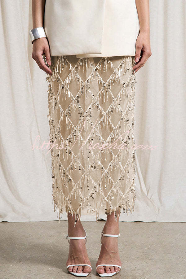 Sequin Mesh Tassel Midi Skirt – Party & Vacation Style
