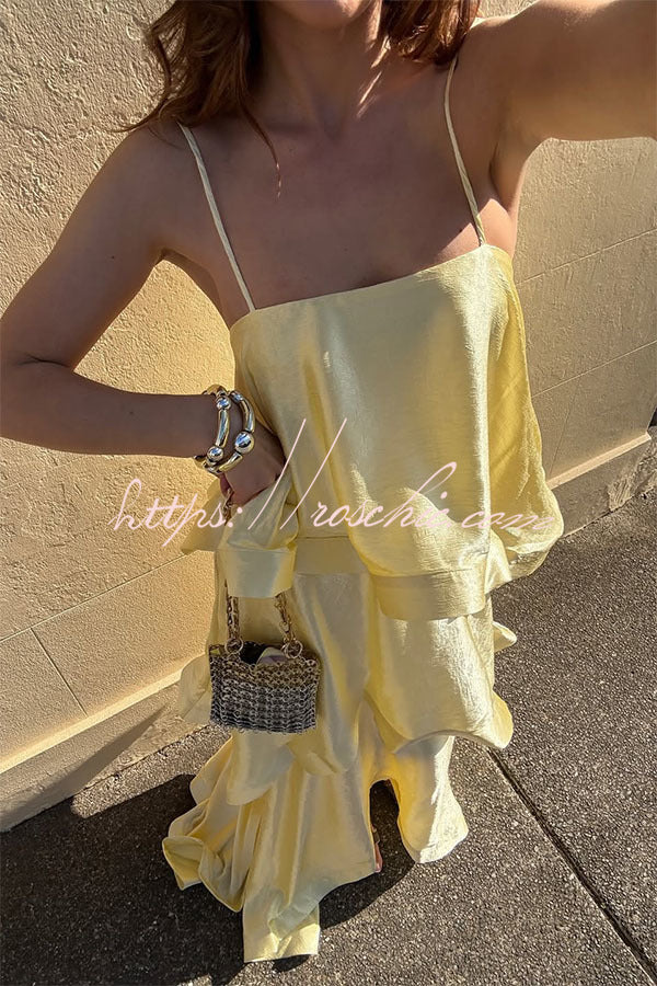 Satin Tiered Maxi Dress – Square Neck Sleeveless A-Line