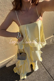 Satin Tiered Maxi Dress – Square Neck Sleeveless A-Line