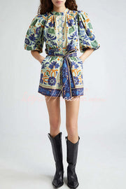 Linen Blend Puff Sleeve Romper with Pockets & Unique Print