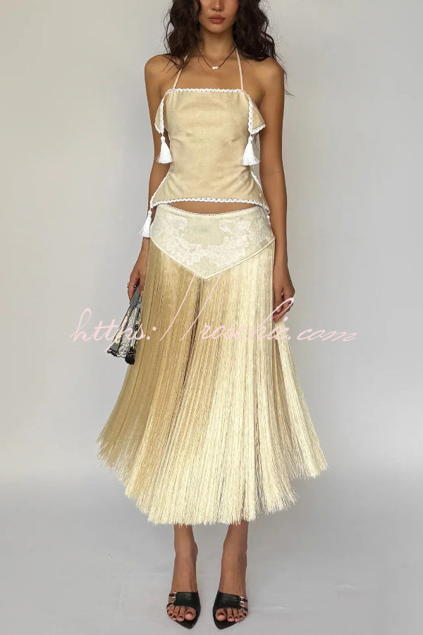 Lace Appliqué Tassel Hem Maxi Skirt for Vacation