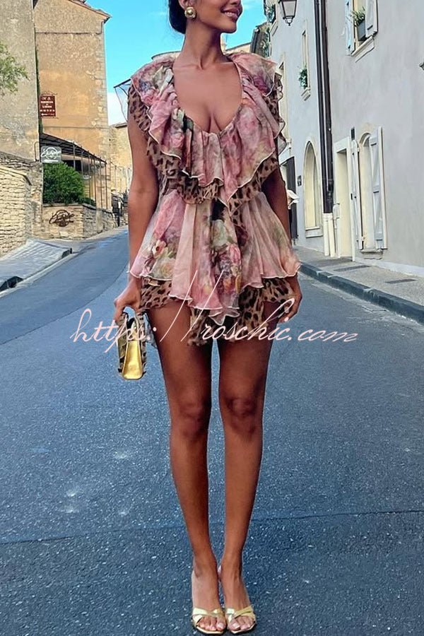 Mini-robe à volants à plusieurs niveaux, imprimé léopard floral, taille découpée