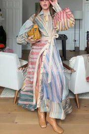 Rainbow Patchwork Striped Linen Blend Midi Dress