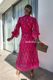 Crochet Lace Lantern Sleeve Midi Dress for Parties