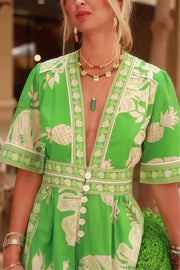 Plant Print V-Neck Jumpsuit – Loose Fit, Short Sleeve
