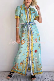 Linen Blend Maxi Dress | Unique Print Tie-Up Shirt Dress