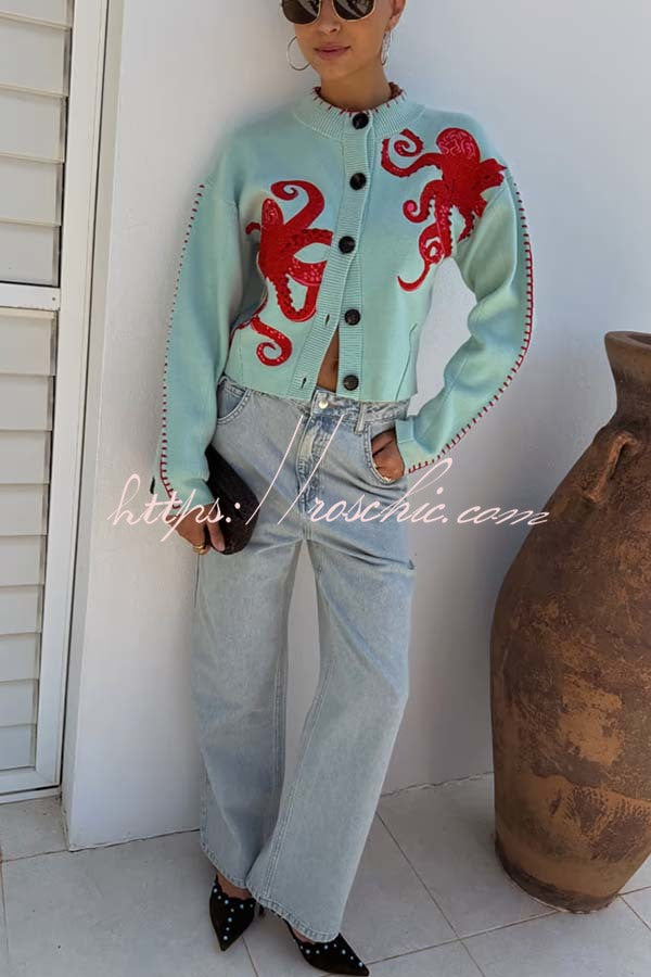 Octopus Graphic Knit Cardigan – Loose Fit Button-Up Sweater