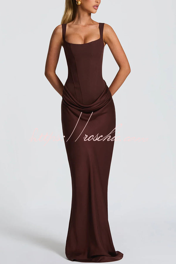 Square Neck Satin Drape Maxi Dress with Lace-Up Back
