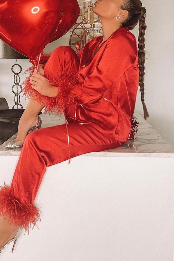 Feather Trim Lapel Two-Piece Pant Suit | Solid Color
