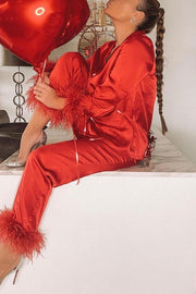 Feather Trim Lapel Two-Piece Pant Suit | Solid Color