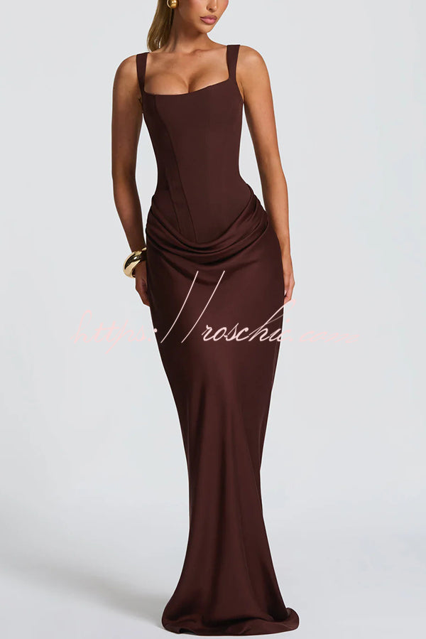 Square Neck Satin Drape Maxi Dress with Lace-Up Back
