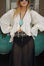 Chiffon Balloon Sleeve Tie-Up V-Neck Blouse | Boho Loose Fit