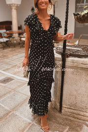 Chiffon Polka Dot Maxi Dress with Ruffled Sleeves