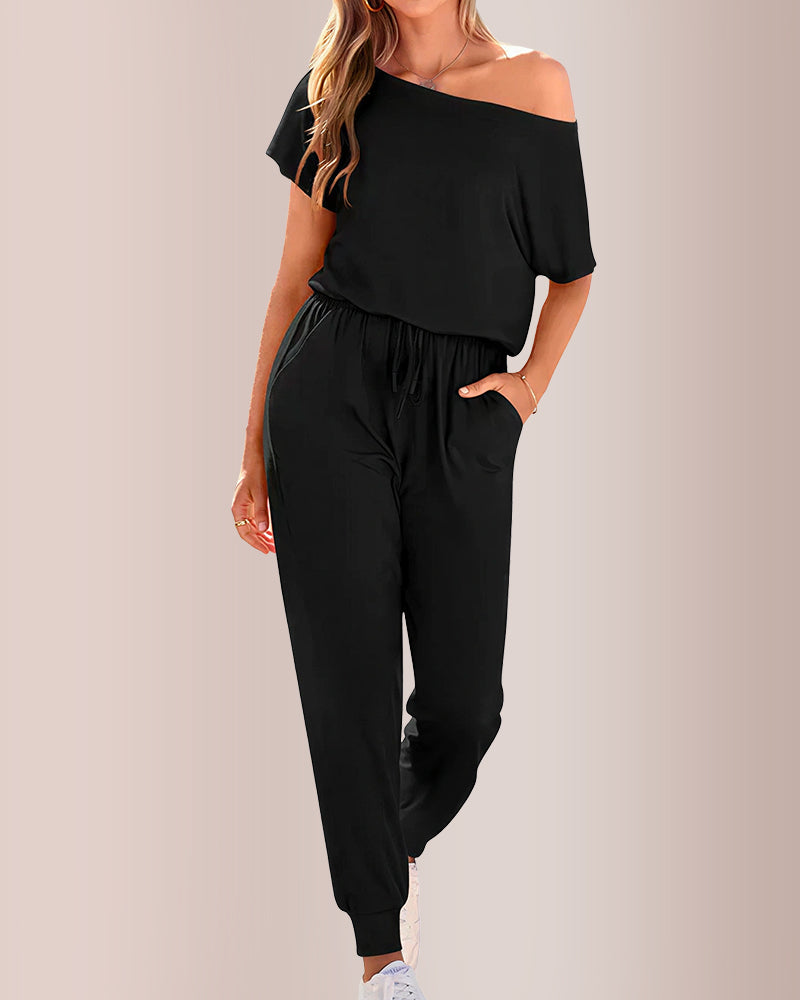 Off-Shoulder Short Sleeve Jumpsuit with Drawstring Waist