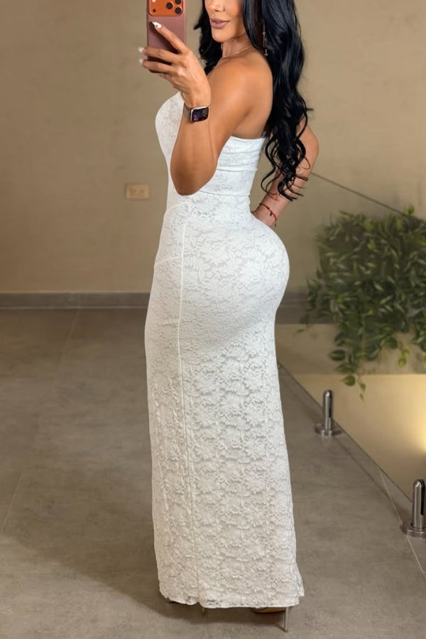 Lace Sleeveless Off-Shoulder Maxi Dress with Slit